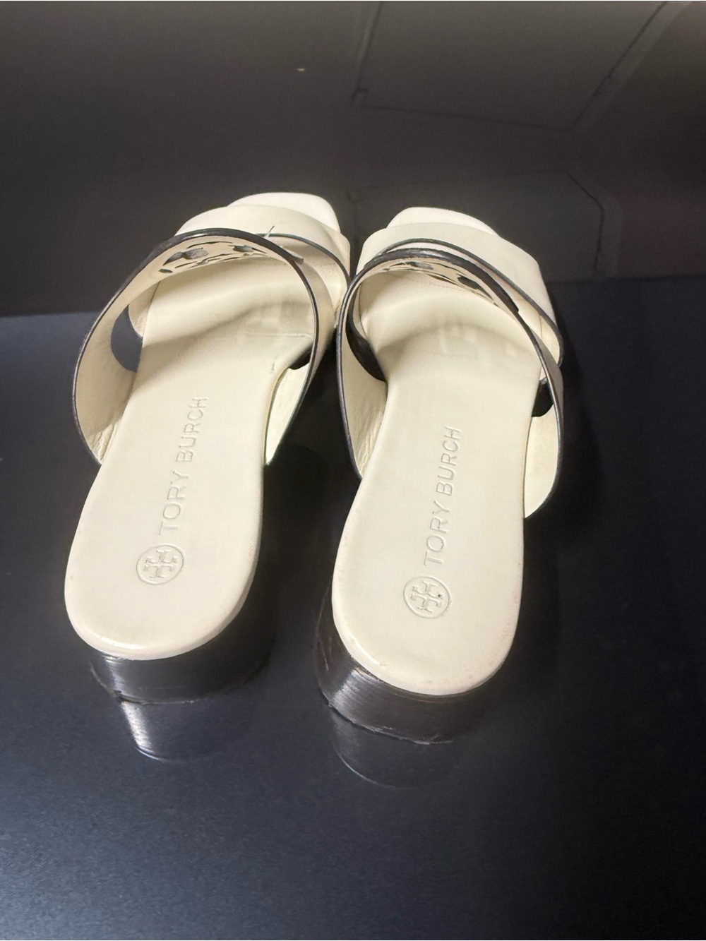 Tory Burch Cream Leather Double-Band Slide Mules with Logo Medallion - Picture 2 of 3